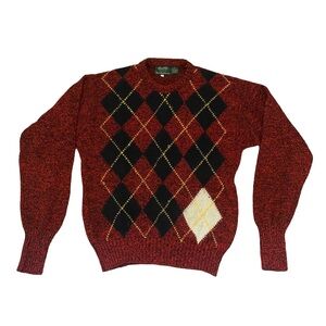 Vtg Marshall Field's New Traditions Sweater, Red/Black Argyle 100% Wool, Men's L
